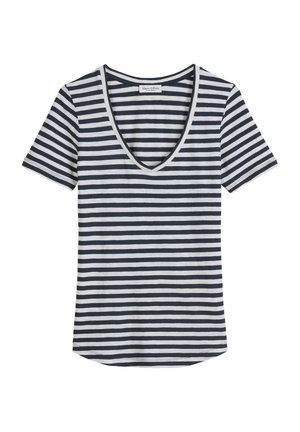 Striped short-sleeve t-shirt in navy and white, featuring a deep V-neck and a soft cotton blend, with a slightly curved hem.