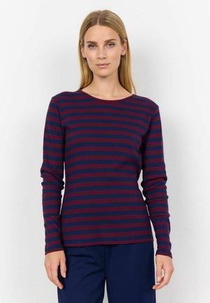 Navy and burgundy striped long-sleeve shirt with a round neckline, made from a ribbed fabric. The fit is slightly fitted, with long sleeves.