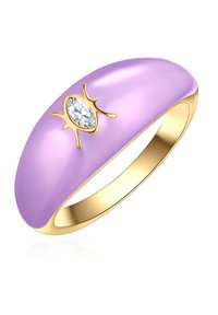 Zelta gredzens ar gludu, noapaļu lavandas krāsas bandu, centrā ar ovālu dimantu, ko ieskauj stilizēti stabiņi.