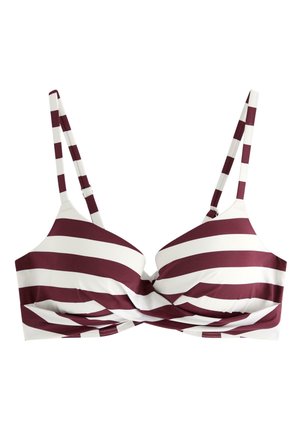 Reggiseno a righe bianche e rosso scuro con design frontale intrecciato e spalline regolabili.