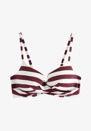 Reggiseno a righe bianche e rosso scuro con design frontale intrecciato e spalline regolabili.