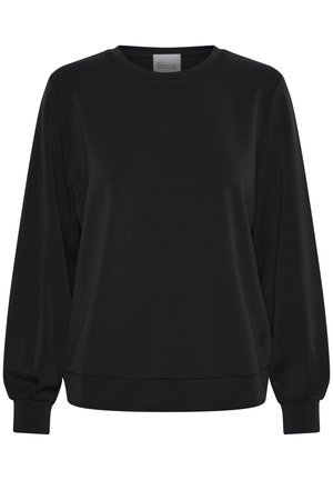 Black sweatshirt with long sleeves, crew neck, and ribbed cuffs. Features a smooth texture and a subtle logo detail on the front.