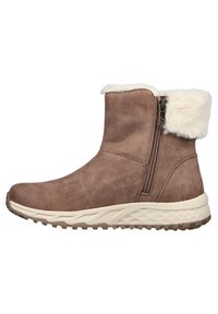 Braune Wildleder-Stiefeletten mit Kunstfellkragen, seitlichem Reißverschluss und strukturiertem Gummisohle für gute Traktion. Glatte Oberfläche mit minimalistischem Design.