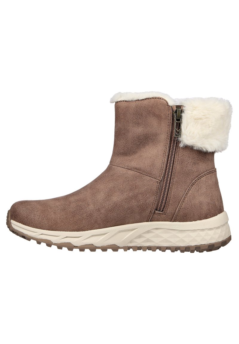 Braune Wildleder-Stiefeletten mit Kunstfellkragen, seitlichem Reißverschluss und strukturiertem Gummisohle für gute Traktion. Glatte Oberfläche mit minimalistischem Design.