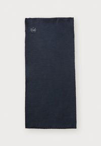 Marineblå multifunksjonell buff laget av myk, elastisk stoff. Har en rundet logo i øverste venstre hjørne. Rektangulær form.