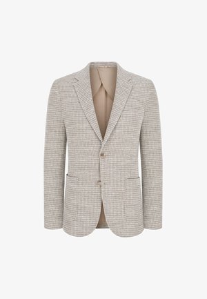 Jasnobeżowa marynarka męska z subtelnym wzorem w kratę, klapy z wycięciami, dwoma guzikami z przodu oraz dwoma kieszeniami z przodu.