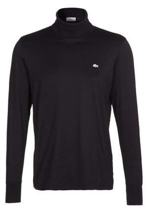 Schwarzes langärmeliges Rollkragen-Shirt mit kleinem weißem Lacoste-Krokodil-Logo auf der linken Brust, dargestellt auf einfachem weißem Hintergrund.