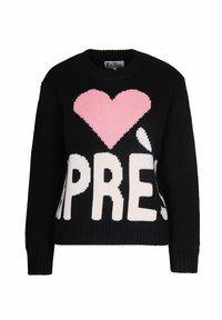 Schwarzer Strickpullover mit großem pinkfarbenen Herz über dem auffälligen weißen Text "APPRÈS" auf der Vorderseite, mit Rundhalsausschnitt und langen Ärmeln.