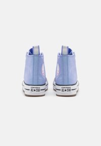 Pár fialových vysokých tenisek Converse All Star zobrazený zezadu na bílém pozadí.