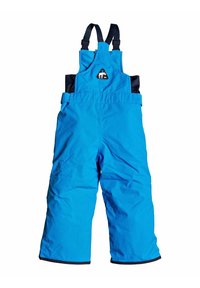 Pantalones de nieve impermeables azules para niños con tirantes negros ajustables y un pequeño parche con el logotipo en la parte frontal.
