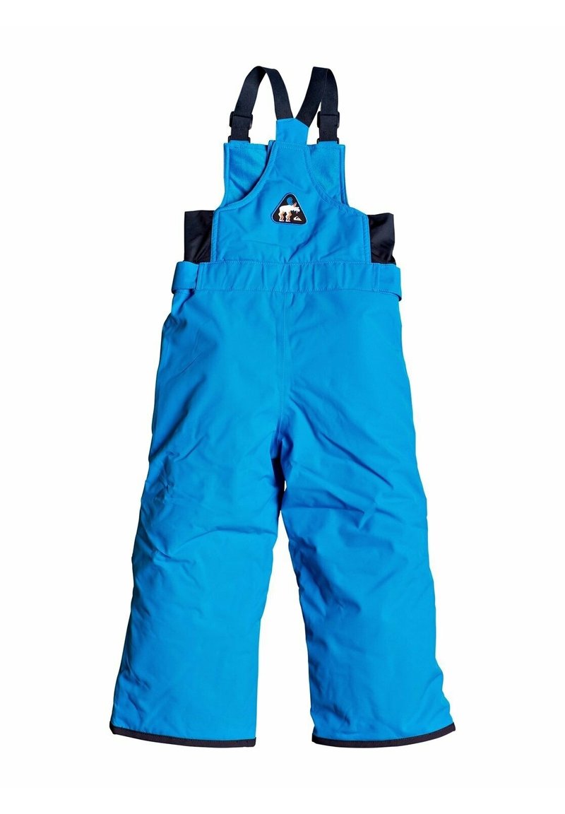 Pantalones de nieve impermeables azules para niños con tirantes negros ajustables y un pequeño parche con el logotipo en la parte frontal.