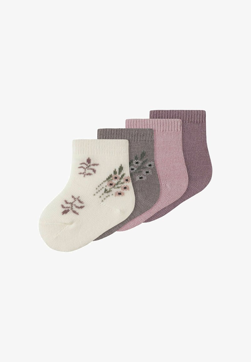 Quatre paires de chaussettes courtes : une crème avec un motif floral, trois dans des tons de gris et de rose avec une texture côtelée.