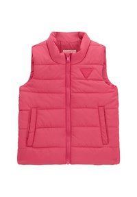 Rosa gepolsterte Weste mit hohem Kragen, vorderem Reißverschluss und zwei Seitenfächer. Mit einem Logo auf der oberen linken Seite.