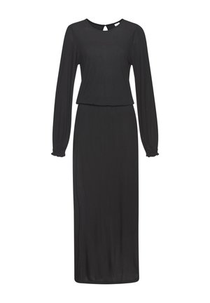 Schwarzes Kleid mit langen Ärmeln aus leichtem Stoff. Hat einen Rundhalsausschnitt mit kleinem Schlitz auf der Rückseite und eine lockere Passform.
