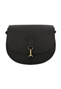 Svart läder crossbody-väska med rundade lock och guldfärgad metallspänne i mitten, på vit bakgrund.
