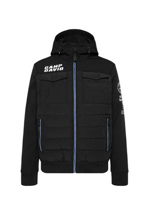 Black puffer jacket with a hood, featuring four front pockets, blue zipper accents, and 'CAMP DAVID' branding on the chest and sleeve.