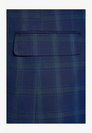 Marynarski blezer w kratę z subtelnymi niebieskimi i zielonymi liniami, z pojedynczą kieszenią welt po lewej stronie oraz teksturowanym splotem.