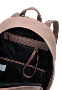 Rose-colored leather backpack with two top handles and adjustable straps. Interior features a zip pocket and fabric lining with a logo pattern.