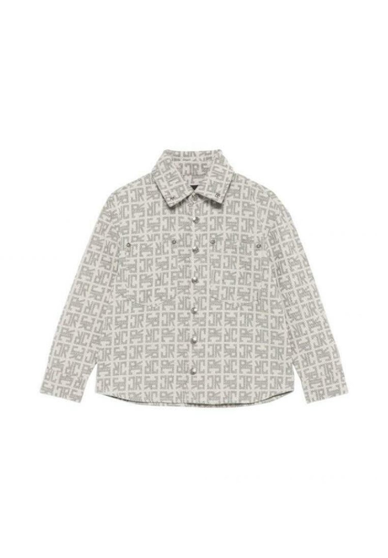 Camicia grigia a fantasia button-up con colletto, caratterizzata da un design del logo ripetuto, due tasche sul petto e maniche lunghe con polsini a bottone.