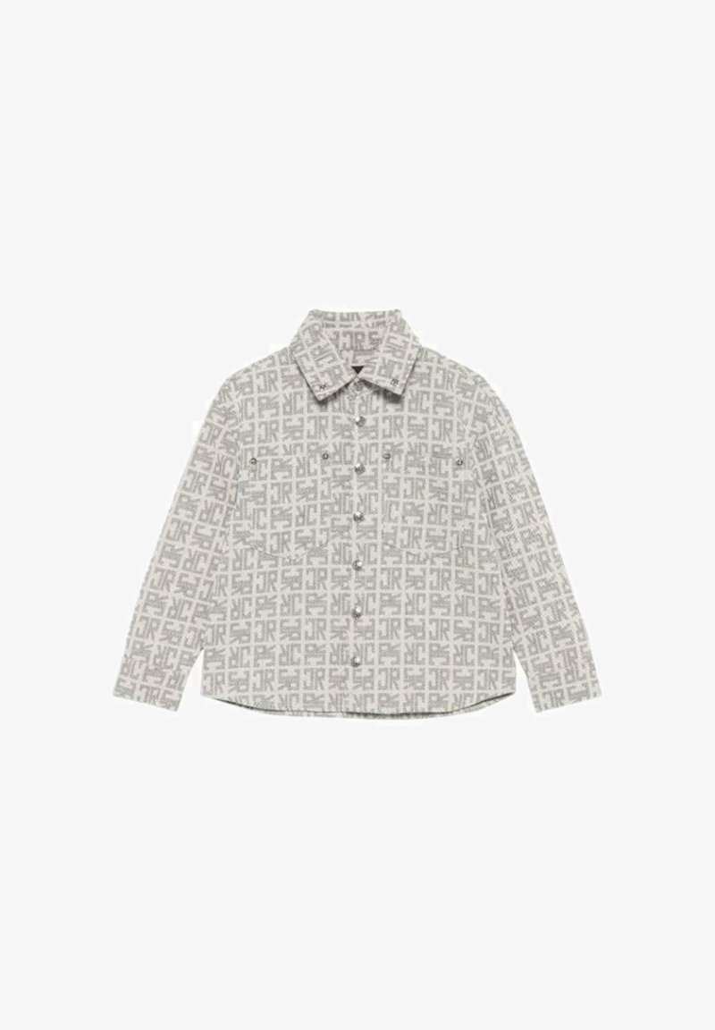 Camicia grigia a fantasia button-up con colletto, caratterizzata da un design del logo ripetuto, due tasche sul petto e maniche lunghe con polsini a bottone.