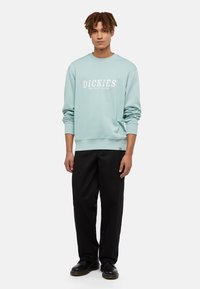 Sudadera de cuello redondo azul claro con logo blanco, puños y dobladillo acanalados, combinada con pantalones negros y zapatos negros. Fondo liso.