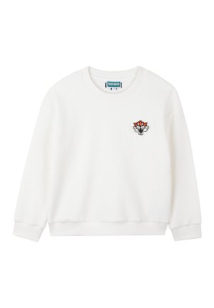 Witte sweatshirt van zacht materiaal, met een ronde hals, lange mouwen en een geborduurd tijgerlogo in het zwart en oranje op de borst.