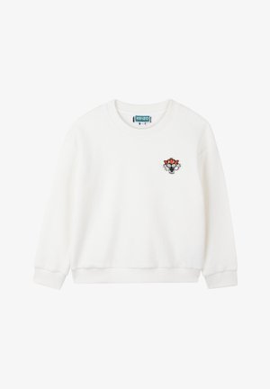 Witte sweatshirt van zacht materiaal, met een ronde hals, lange mouwen en een geborduurd tijgerlogo in het zwart en oranje op de borst.