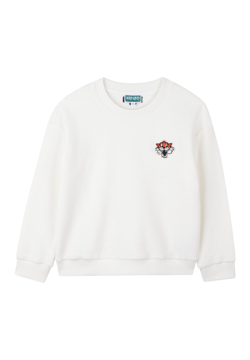 Sweatshirt blanc en tissu doux, avec un col rond, des manches longues et un logo de tigre brodé en noir et orange sur la poitrine.