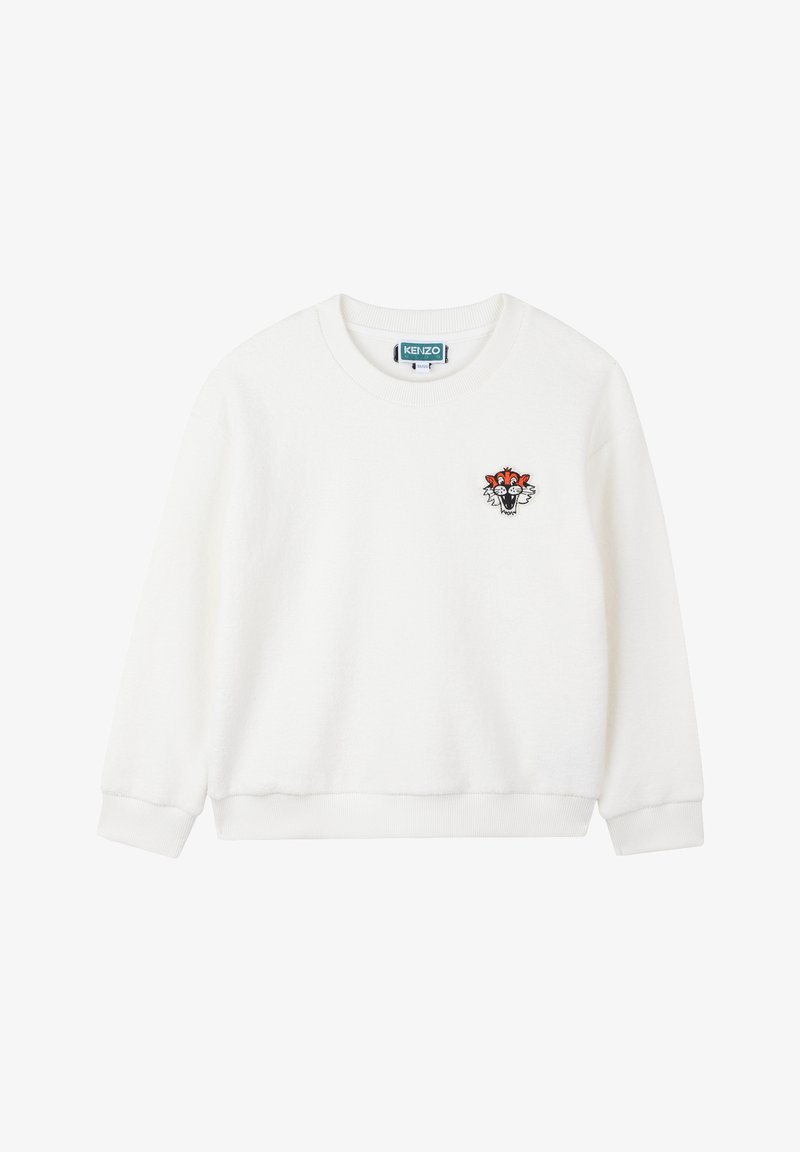 Witte sweatshirt van zacht materiaal, met een ronde hals, lange mouwen en een geborduurd tijgerlogo in het zwart en oranje op de borst.