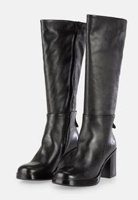 Bottes hautes noires en cuir avec fermeture éclair, bout arrondi et talon épais. Texture lisse avec un design minimaliste et des accents latéraux.