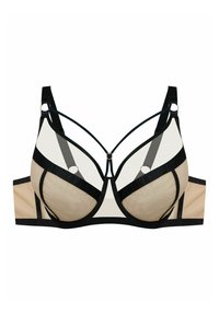 Beżowy i czarny biustonosz z fiszbinami z przezroczystymi panelami z siateczki i ozdobnymi czarnymi paskami na miseczkach, regulowanymi ramiączkami oraz metalowymi pierścieniami.