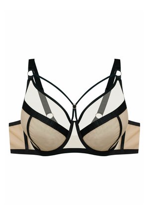 Beżowy i czarny biustonosz z fiszbinami z przezroczystymi panelami z siateczki i ozdobnymi czarnymi paskami na miseczkach, regulowanymi ramiączkami oraz metalowymi pierścieniami.
