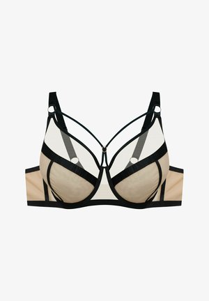 Beżowy i czarny biustonosz z fiszbinami z przezroczystymi panelami z siateczki i ozdobnymi czarnymi paskami na miseczkach, regulowanymi ramiączkami oraz metalowymi pierścieniami.