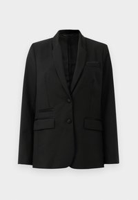 Sacou negru cu un design structurat, închidere cu un singur nasture, două buzunare frontale și rever din satin. Material neted și croială ajustată.