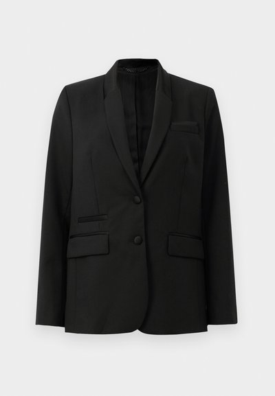 Black blazer with a structured design, single-button closure, two front pockets, and satin lapels. Smooth fabric and tailored fit.