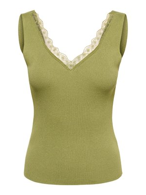 Haut sans manches en maille côtelée vert olive avec col en V et délicate bordure en dentelle crème le long de l'encolure.