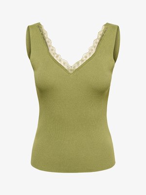 Haut sans manches en maille côtelée vert olive avec col en V et délicate bordure en dentelle crème le long de l'encolure.