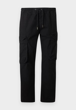 Pantaloni cargo neri con vita elastica, coulisse e grandi tasche a patta su entrambe le cosce.