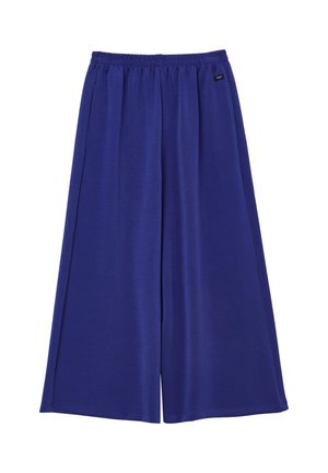 Pantaloni larghi blu con vita elastica, realizzati in tessuto morbido. Presentano tasche laterali e una vestibilità comoda senza decorazioni.
