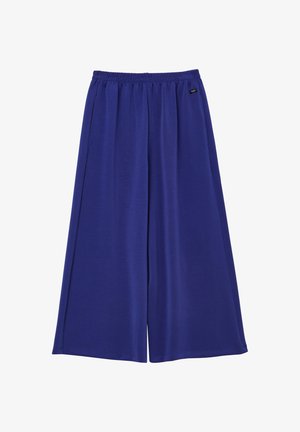 Blaue weit geschnittene Hosen mit elastischem Bund, aus glattem Stoff gefertigt. Verfügt über Seitentaschen und einen lockeren Schnitt ohne Verzierungen.