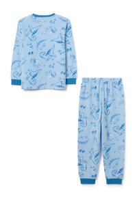 El conjunto de pijama azul presenta una parte superior de manga larga y pantalones, ambos decorados con dinosaurios azul claro y detalles acentuados. Tejido suave y acogedor.
