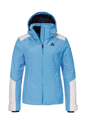 Helles blaues wasserdichtes Jacket mit weißen Akzenten, einer Kapuze und einem zentralen Reißverschluss. Verfügt über ein Logo auf der Brust und elastische Bündchen.