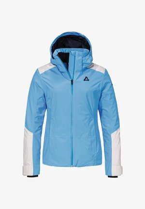 Helles blaues wasserdichtes Jacket mit weißen Akzenten, einer Kapuze und einem zentralen Reißverschluss. Verfügt über ein Logo auf der Brust und elastische Bündchen.