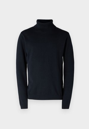 Pull-over en grosse maille marine foncé en tissu doux et extensible. Caractéristiques : manches longues et poignets et ourlet côtelés. Design simple et épuré.