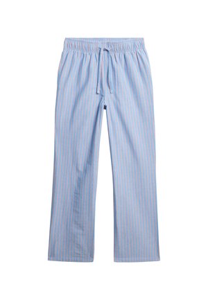 Jasnoniebieskie spodnie do piżamy z różowymi pionowymi paskami i elastycznym paskiem w talii wiązanym z przodu sznurkiem.