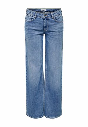 Jeans in denim blu chiaro a gamba larga con bottone frontale, cerniera e design con cinque tasche, con etichetta "ONLY" in vita.