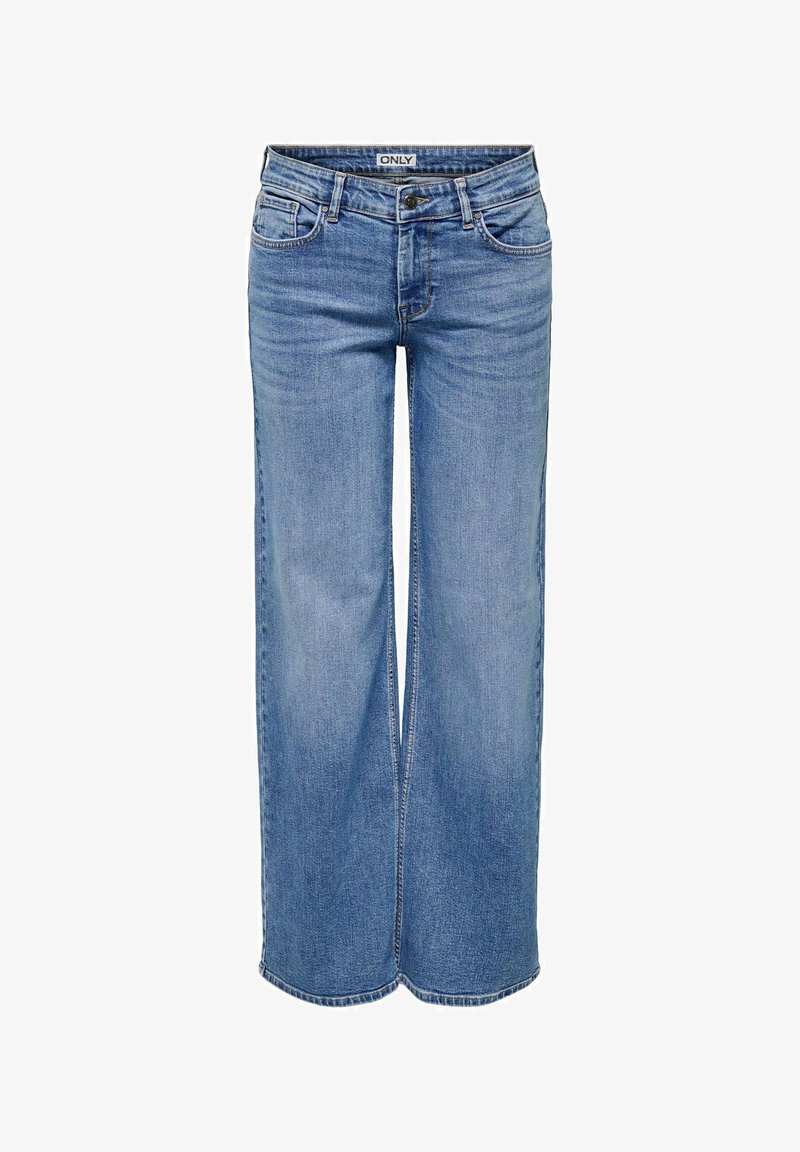 Svetlomodré džínsy s širokými nohavicami, predným zapínaním na gombíky a zips, s dizajnom piatich vreciek, s nápisom "ONLY" na páse.