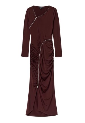 Donkerbruin jurkje met lange mouwen, asymmetrische zilveren ritssluitingen en gerimpelde stofdetails langs de voor- en zijnaden.