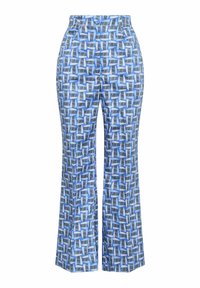 Pantaloni blu a fantasia con un motivo geometrico che presenta diverse tonalità di blu e bianco. Realizzati in tessuto leggero, stile a gamba larga.