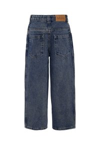 Jeans in denim blu scuro a gamba larga con vita alta, due tasche posteriori e un'etichetta in cuoio beige con la scritta "Molo" sulla vita.